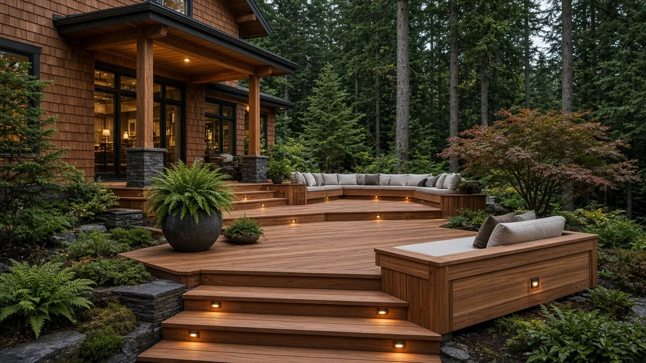 Design concept: Cedar deck with built-in benches and lighting
