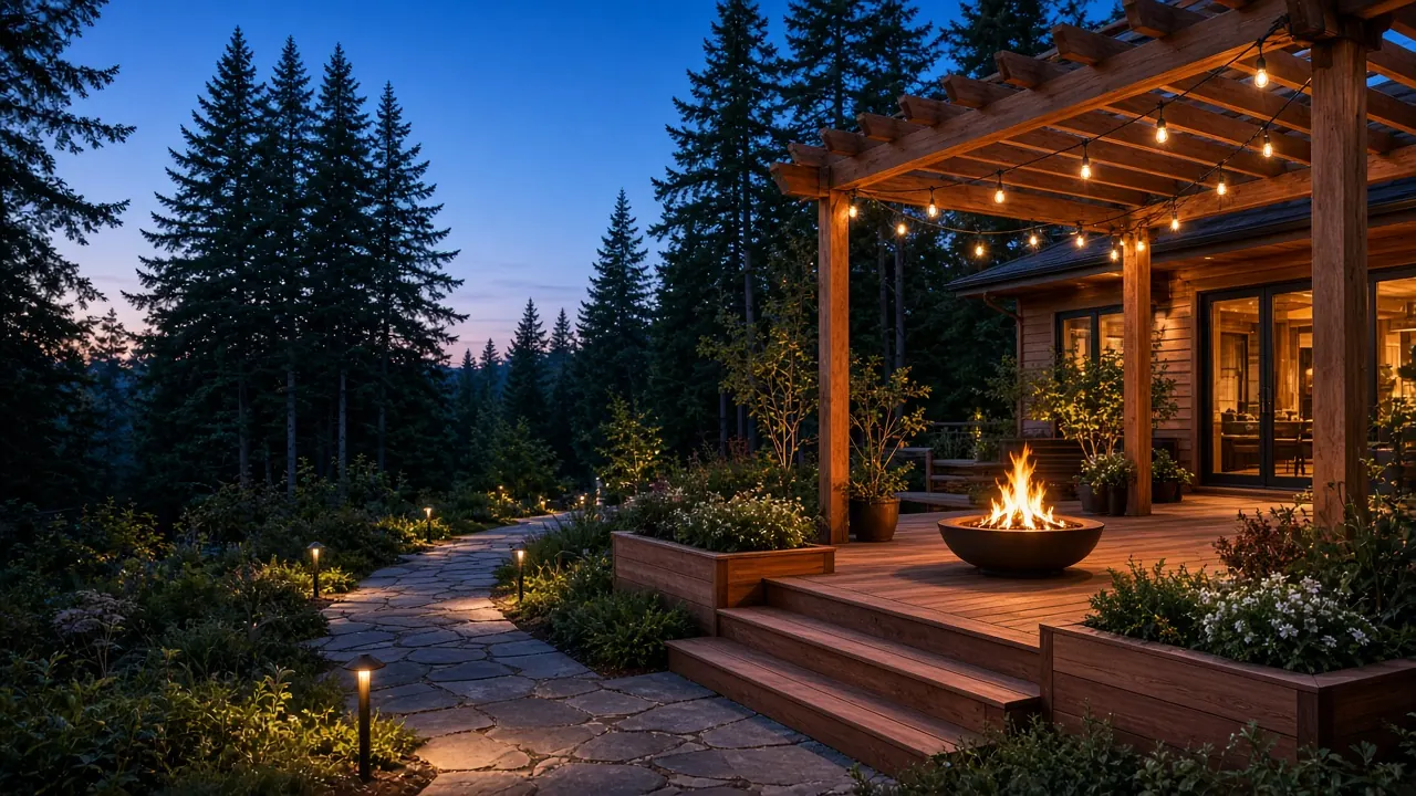 Design concept: Evening lit backyard